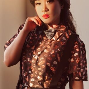 KINWAMONSTER Bakery Bread Patterned Brown Cute Button Down Short Sleeve